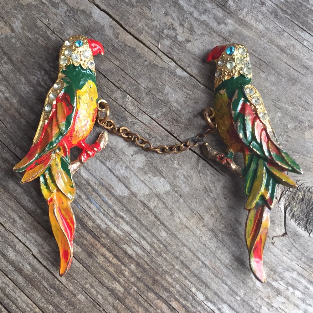 Vintage enamel parrot twin brooches